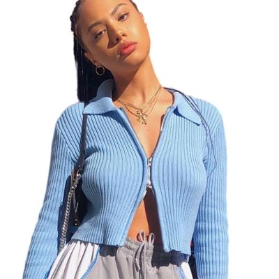 China Anti-pilling long sleeve elastic double zipper top striped sexy sweater cardigan ladies tops girl woman sexy soft wool short long sleeve for sale