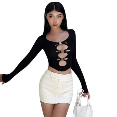 China Anti-pilling hollowed-out sexy tops street ladies button girls small girl T-shirt sleeve soft flexible warm thin long sleeve woman long for sale