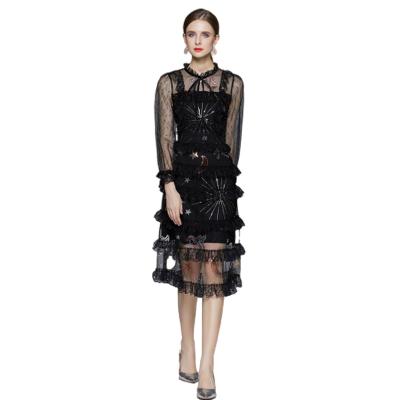 China Luxury Anti-Static Mesh Lace Ruffle Mid-Length Heavy Light Embroidered Cake Vacation Fashion Dress for sale