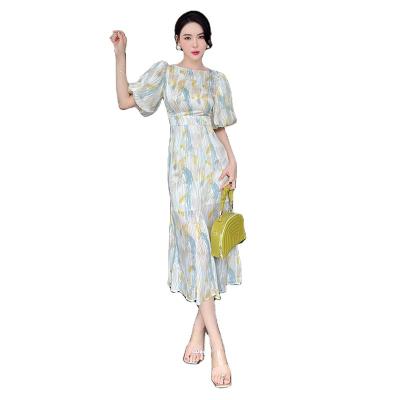 China Anti-Static Women's Round Neck Bubble Sleeve Printed Dress Fishtail Belt Style Holiday Fashion French Dress for sale