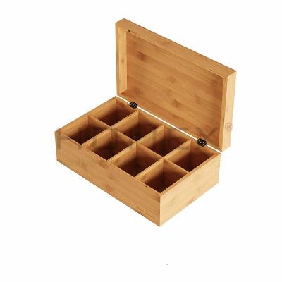 China Sustainable Bamboo Storage Box Organizer-8 Compartment Chest For For 120+ Dishes Or Standing Tea Bags Natural Wood Portable Kitchen Accessory for sale