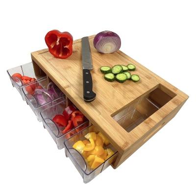 China Sustainable Bamboo Cutting Board with Drawers, 4 Food Storage with Fully Stackable Airtight Lid, Large Chopper with Juice Grooves for sale