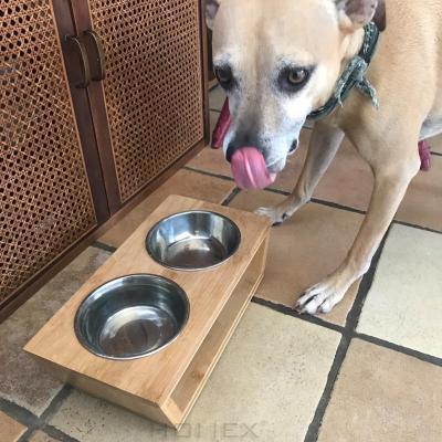 China Sustainable High Pet Bowls High Cat And Small Dog Food Water Bowls , Raised Pet Dish Solid Bamboo for sale