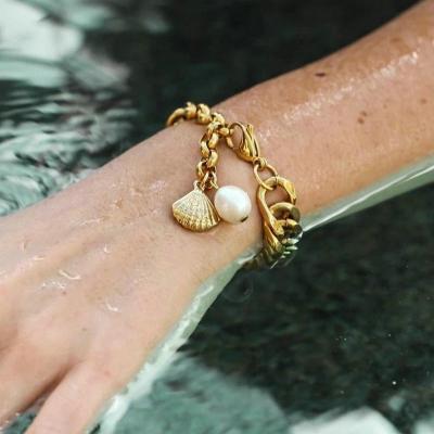 China TRENDY Wholesale 18k Gold Plated Stainless Steel Chain Bracelet Chunky Jewelry Freshwater Pearl Cuban For Women Girls for sale