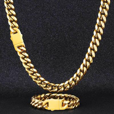 China Hiphop Wholesale Joyeria Acero Inoxidable Gold Plated Cuban Link Chain Bracelet Men's Necklace Cuban Link Figaro Restraint Jewelry Miami Jewelry Set for sale