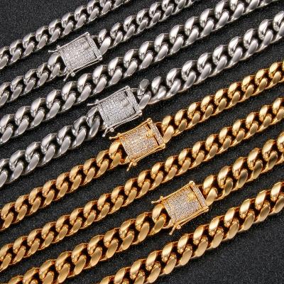 China Hiphop Whosesale Hip Hop Iced Out Zircon Stainless Steel Gold Plated Diamond Miami Cuban Link Chain Necklace For Men Women Jewelry for sale