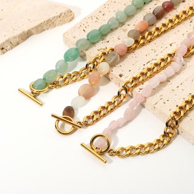 China New Arrival FASHIONABLE Natural Stone Beads Chain 18k Gold Plated Stainless Steel Miami Chokers Cuban Chain Necklace For Women Girls for sale