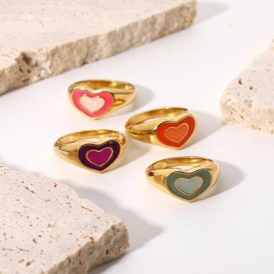 China Fashion CLASSIC Chunky Vintage Stainless Steel Gold Cute Unique Plated Colorful Enamel Heart Rings For Women Girls for sale