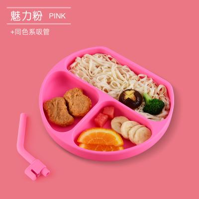 China Wholesale Kids Baby Feeding Round Silicone Shaped Dinner Dish With Straw And Suction Cup For Toddlers for sale