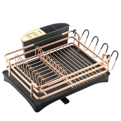 China Viable Aluminum Dish Racks With Cutlery Holder Silicone Plastic Tray Cabinet Kitchen Sink Aluminum Dish Drainer Rack for sale