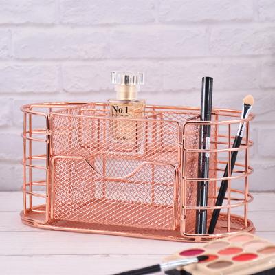 China High Quality Office Pen Holder Mesh Table Storage Desktop Organizer Rose Gold 7 Compartment Metal Desktop Organizer for sale