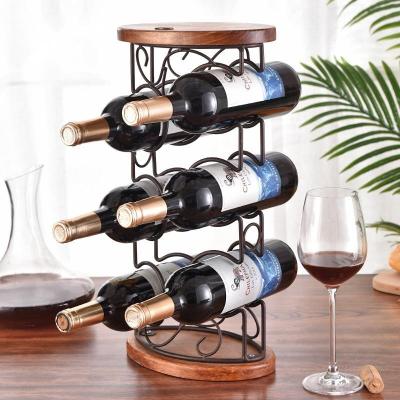 China Dining Table Wine Cabinet Decoration Wooden Stand Viable Display Bottom Wrought Iron Six Bottles Wine Racks for sale