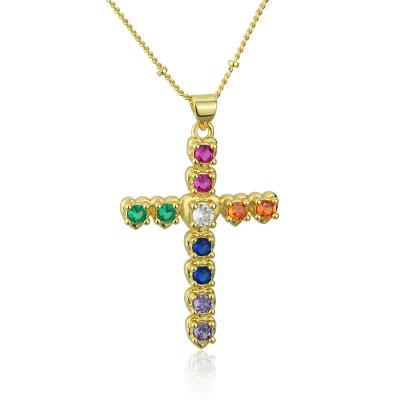 China BSWEET Fashion New Design Cross Religious Necklace 18k Real Gold Plated With Colorful Zircon Fashion Women Jewelry for sale