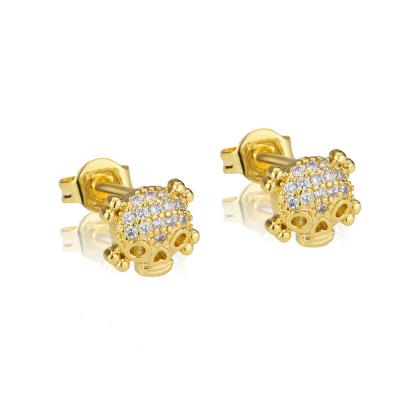 China New Design Hip Hop Hiphop Style Women's Jewelry High Quality Electroplating Full Zircon Skull Stud Earrings 18k Gold Real for sale