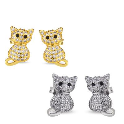 China New Design Hiphop Full Cubic Zirconia Real Cute Cat Earrings 18k Gold Plated Brass With Zircon Jewelry For Women for sale