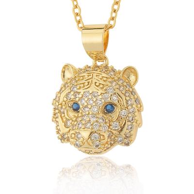 China Hiphop Hip Hop Tiger Head Necklace 18k Real Gold Plated Brass With Zircon Fashion Women Kids Animal Necklace for sale