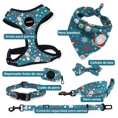 China Custom Padded Collars Reflective Reversible Luxury Pet Pattern Logo Dog Vest Harness And Leash Pet Product Set With Bow Tie Bandana for sale