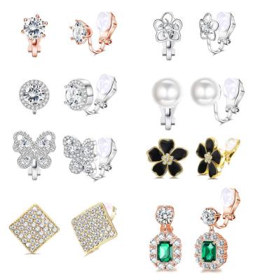 China Silver Color Emerald Rhinestone Drop TRENDY Gold Clip On Earrings For Women New Arrival Vintage Enamel Flower Jewelry for sale