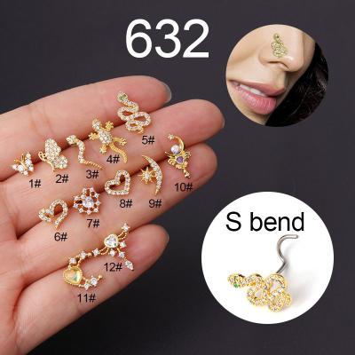 China FASHIONABLE 20g Stainless Steel Nose Stud Nostril Bone Screw Zircon Butterfly Snake Heart Nose Piercing Studs Nose Piercing Jewelry for sale