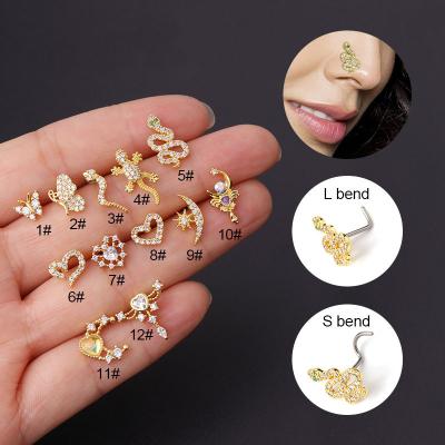 China FASHIONABLE 20g Stainless Steel Nose Cuff Nostril Bone Screw Zircon Snake Heart Butterfly Nose Piercing Studs Sniff Sting Piercing Jewelry for sale