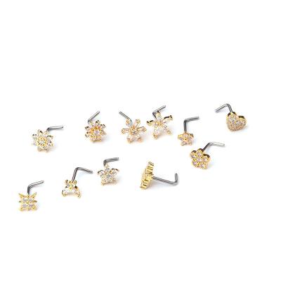 China TRENDY Stainless Steel Bar With Shape CZ Flower Copper Nose Studs Piercing Earrings For Women Micro-inlaid Zircon Body Sting Jewelry for sale