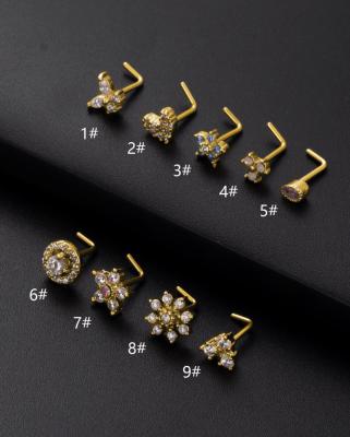 China Hot Selling TRENDY Surgical Steel L Shaped Nose Rings Stud Puncture Jewelry Gold Plated Shiny CZ Snowflake Nose Stud Circle Piercing Earring for sale