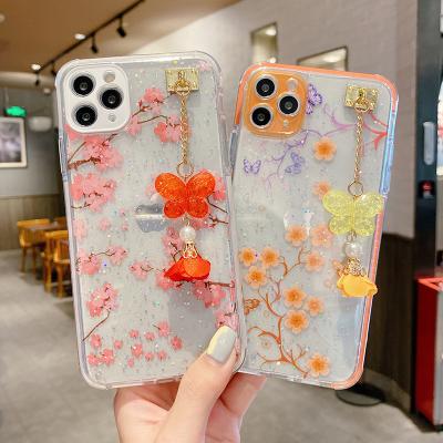 China Anti-fall Glitter Butterfly Design Flower Transparent Acrylic Epoxy TPU Mobile Phone Case for sale