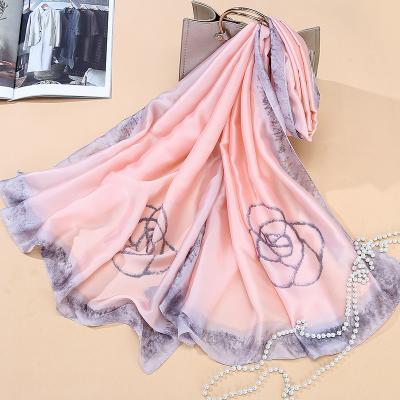 China 2022 Fashion Spring Summer Camellia Long Summer Scarf Outdoor Floral Wrap Popular Silk Satin Large Shawl Large for sale