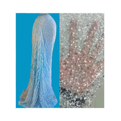 China African Water Soluble Sequin Beaded Fabric French Evening Dress Lace Fabric Sequins Beaded Tulle Fabric For Dress Dress for sale