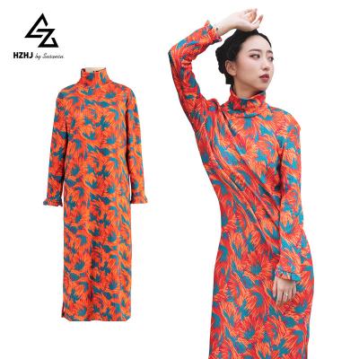 China Anti-wrinkle Wholesale Casual Dress Women Printed Maxi Ladies Dress Long Sleeve Tortoise Neck Ankle Length Dress for sale