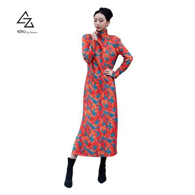 China Anti-wrinkle Wholesale Casual Dress Women Printed Maxi Ladies Dress Long Sleeve Tortoise Neck Ankle Length Dress for sale