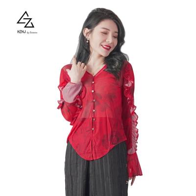 China 2022 News Low Price Anti-wrinkle Fabric Polyester Material Red Color Women's Shirts And Blouses for sale