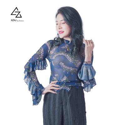 China Anti-Wrinkle Blue Printed Shirts Dress Elegant Women Long Sheath Business Blouses Tops Shirt for sale