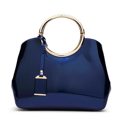 China Platinum package new 2021 summer patent leather ladies shiny blue handbags women pinch shoulder handbag top handle bag bride luxury wedding for sale