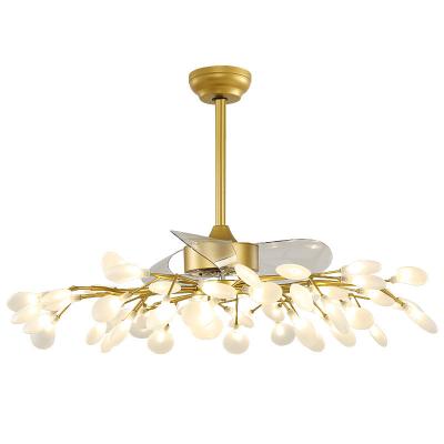 China Glowworm LED Fan Retractable Ceiling Fan Luxury Gold Decorative Crystal Chandelier Invisible Ceiling Fan With Lamp for sale