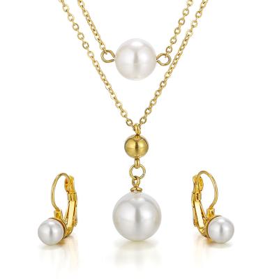 China FASHIONABLE Popular 18k Gold Plated Double Pearl Necklace Earring Design Removable Jewelry Set For Women for sale