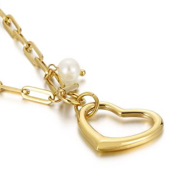 China FASHIONABLE 316L Stainless Steel Heart Pendant Necklace 18K Gold Plated Paper Clip Half Chain Pearl Necklace Women Freshwater for sale