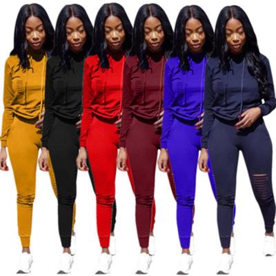 China Autumn Breathable Women Plus Size Hole Ripped Hoodie Clothing Casual Sweater Gym Suit Women's Jogging Sportswear for sale