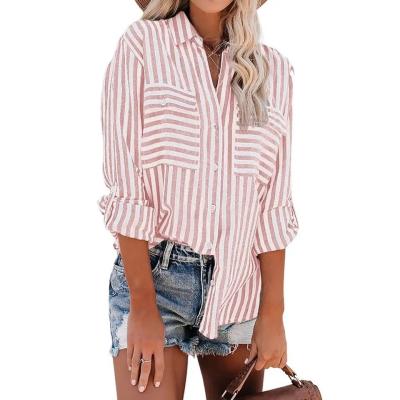 China                  Women Linen Cotton Vintage Streetwear Plus Size Blouses Button Birds Print Casual Striped Long Sleeve Loose Shirts              for sale