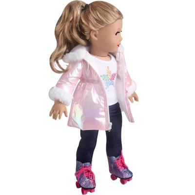 China Toy New Design Hot Sale Cartoon Winter Cute Pink Collection 18inch Doll Clothes Set Unique Style Doll Female Winter Autumn Clothin for sale