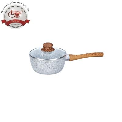 China Viable Forged Aluminum Marble Wood Sauce Pan With Lid Ceramic Coating Baktlite Soft Touch Handle for sale