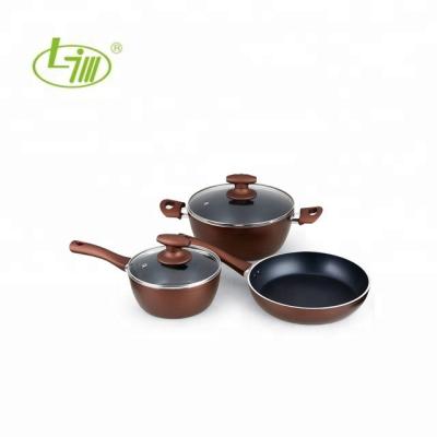 China Sustainable 5 pcs non-stick cookware set, brown, 16cm saucepan, 24cm casserole and 24cm fry pan for sale