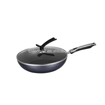 China Pan With Temper Silk Screen Aluminum Black Nonstick Bakelite Handle Wok Viable Pressed Glass Lid for sale