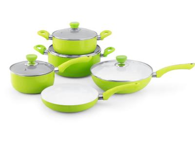 China Sustainable Green 9 Pcs Aluminum Nonstick Cookware Set With 28cm Wok for sale