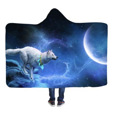 China Custom Printed Anti-bacteria Wolf Pattern Throw Sherpa Fleece Microfiber Bathrobes Plush Hooded Coat Animal Wearable Blankets for sale