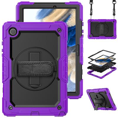 China Popular Rugged Tablet Case For Samsung Galaxy Tab A8 10.5 X200 X205 Screen Protector Shoulder Belt Rotate Fold Stand Silicone Cover for sale