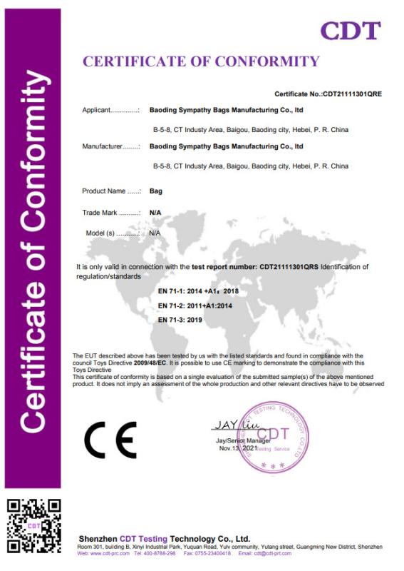 CERTIFICATE OF CONFORMITY Certificate - Baoding Sympathy Bags Manufacturing Co., Ltd.