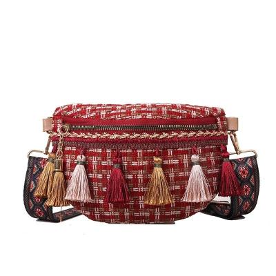 China Tassel Decor Adjustable Strap Waist Bags Plaid Pattern Waterproof Cycling Bum Bag OEM for sale