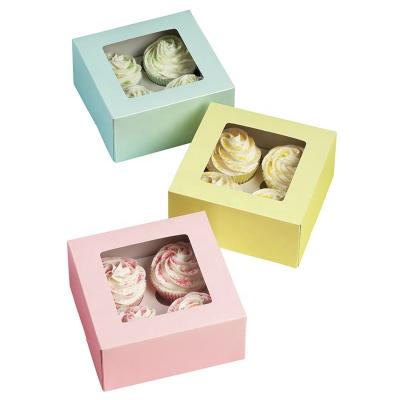 China Nordic Style Biodegradable Color Custom Logo Printed PVC Top Window Cardboard 4 Tiles Cupcake Boxes for sale