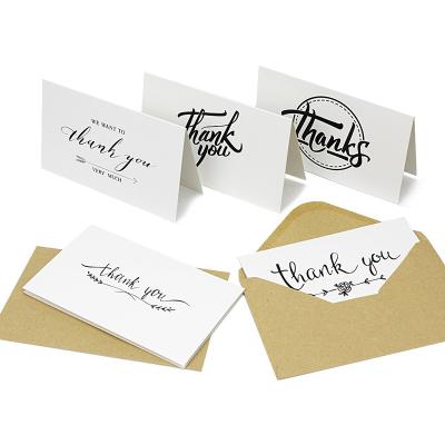 China Small Europe 50 Black Letters White Thank You Note Cards Printing With 50 Kraft Paper Envelopes Per Box For Festivals And Parties for sale